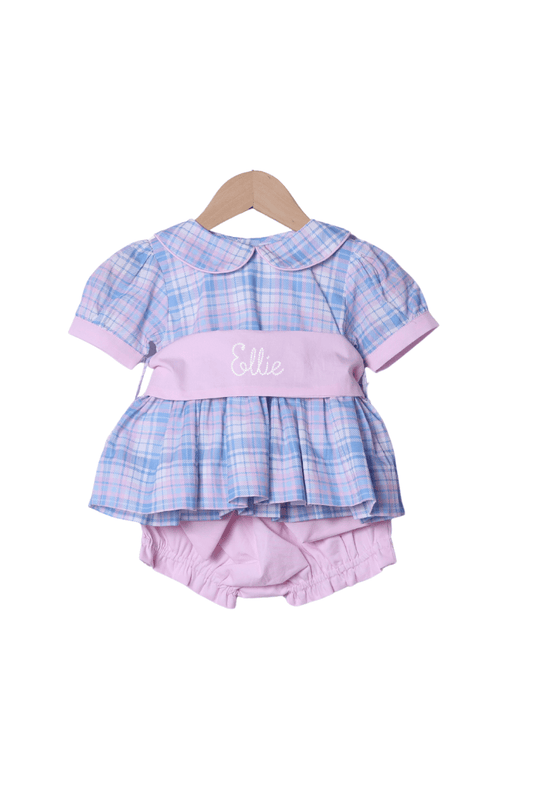 The Smocked Flamingo Apparel & Accessories Blue and Pink Plaid Peter Pan Collar Bloomer Set