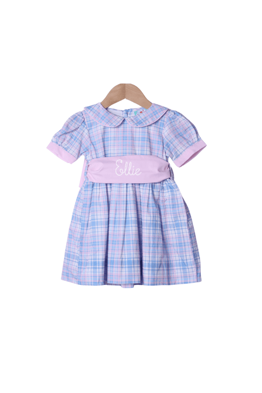 The Smocked Flamingo Apparel & Accessories Blue and Pink Plaid Peter Pan Collar Dress