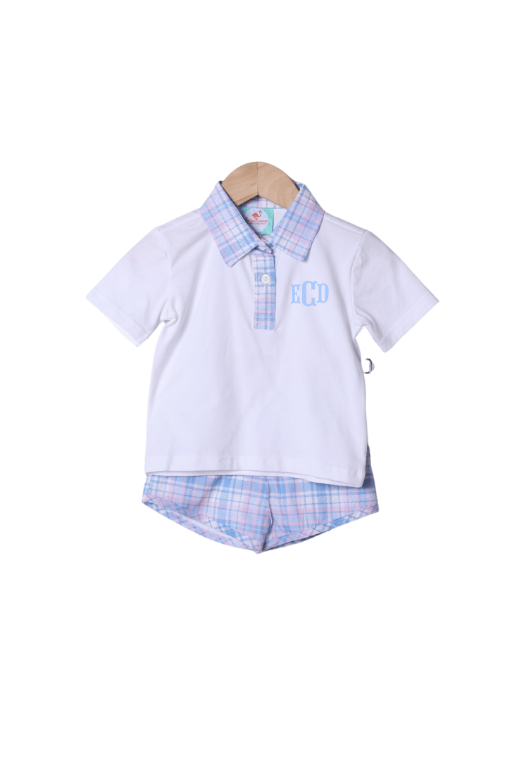 The Smocked Flamingo Apparel & Accessories Blue and Pink Plaid Polo Short Set
