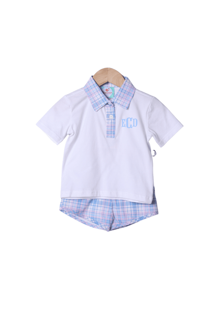 The Smocked Flamingo Apparel & Accessories Blue and Pink Plaid Polo Short Set