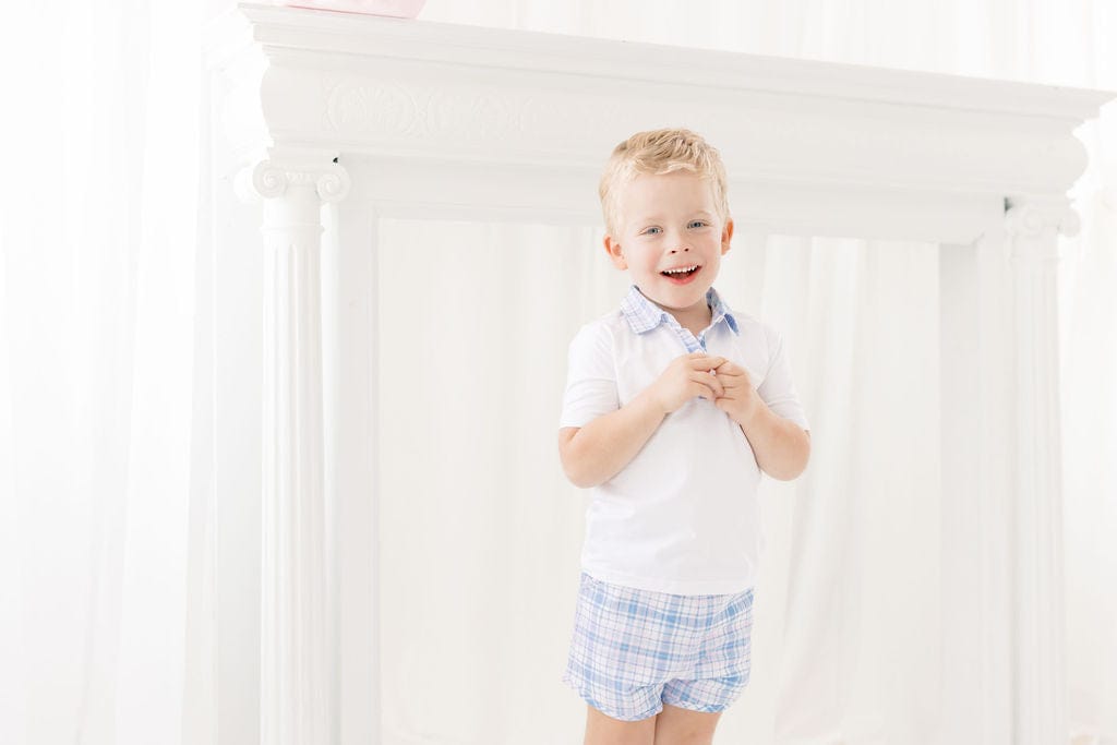 The Smocked Flamingo Apparel & Accessories Blue and Pink Plaid Polo Short Set