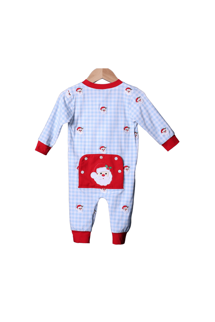 The Smocked Flamingo Apparel & Accessories Blue and Red Embroidered Santa Zippys