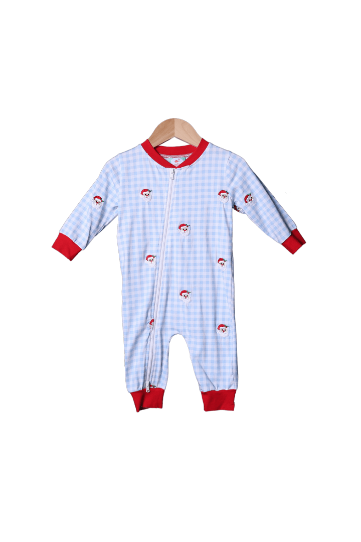 The Smocked Flamingo Apparel & Accessories Blue and Red Embroidered Santa Zippys