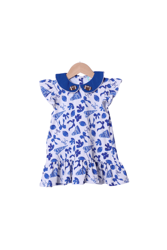 The Smocked Flamingo Apparel & Accessories Blue and White Go Team Bow French Knot Football Dress