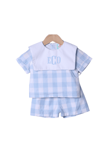 The Smocked Flamingo Apparel & Accessories Blue Buffalo Check Bib Short Set