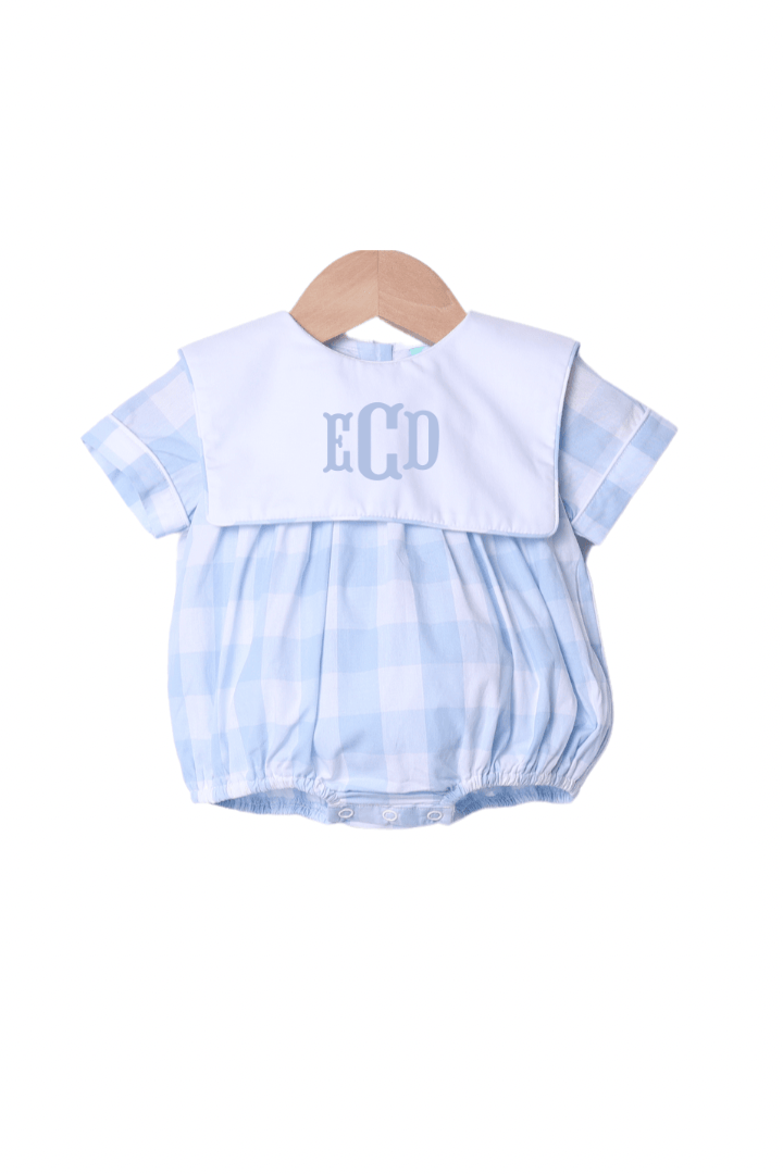 The Smocked Flamingo Apparel & Accessories Blue Buffalo Check Bib Short Sleeve Bubble