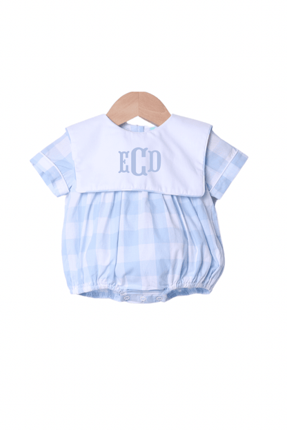The Smocked Flamingo Apparel & Accessories Blue Buffalo Check Bib Short Sleeve Bubble