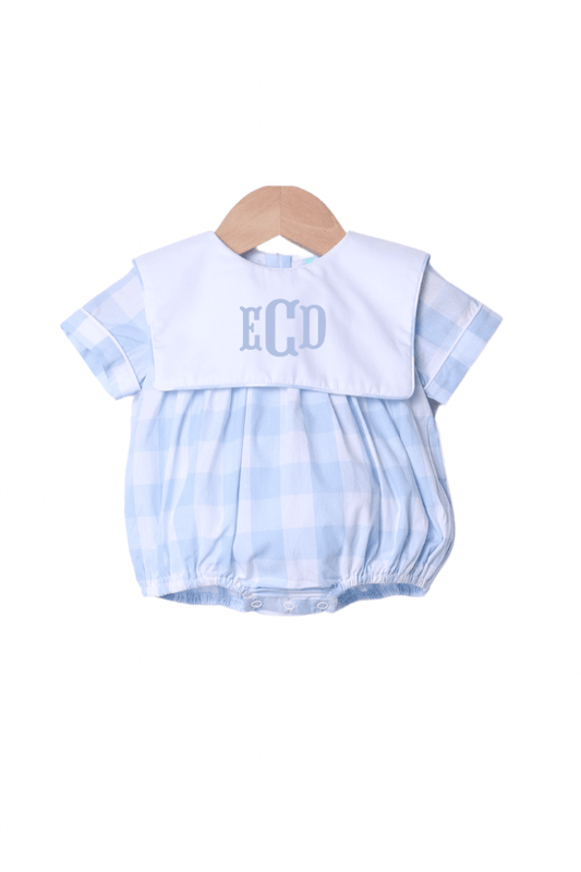 The Smocked Flamingo Apparel & Accessories Blue Buffalo Check Bib Short Sleeve Bubble