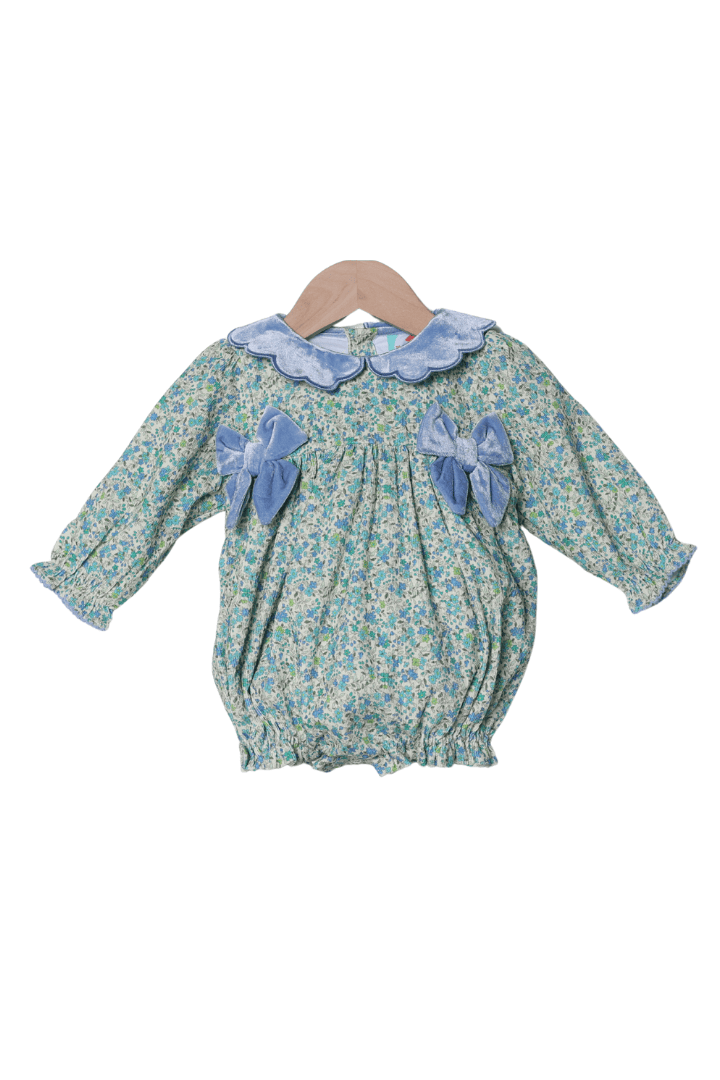 The Smocked Flamingo Apparel & Accessories Blue Fall Floral Corduroy/Velvet Bow Bubble