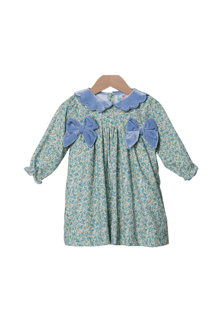 The Smocked Flamingo Apparel & Accessories Blue Fall Floral Corduroy/Velvet Bow Dress