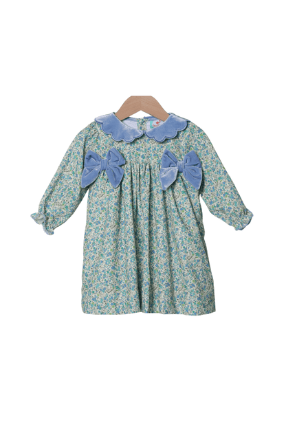 The Smocked Flamingo Apparel & Accessories Blue Fall Floral Corduroy/Velvet Bow Dress
