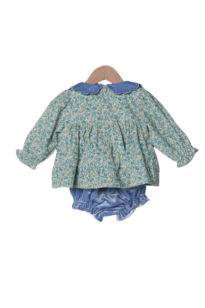 The Smocked Flamingo Apparel & Accessories Blue Fall Floral Corduroy/Velvet Bow Set