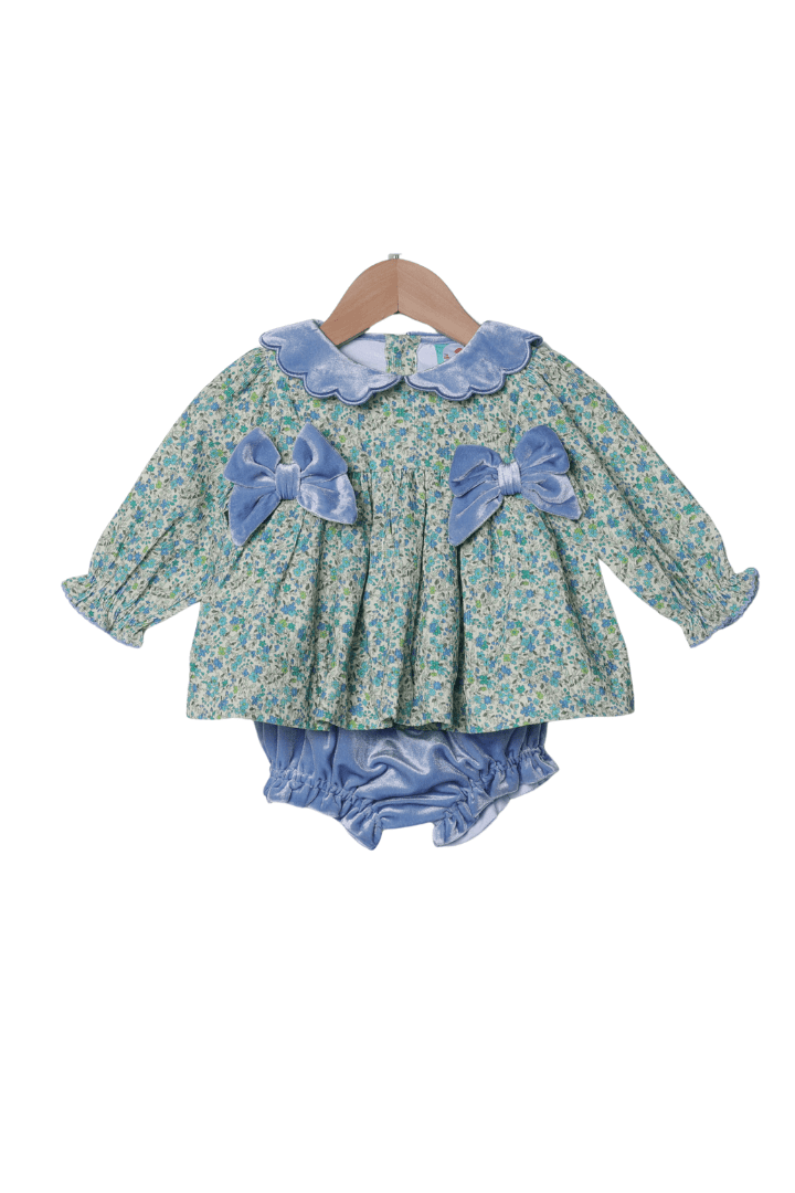 The Smocked Flamingo Apparel & Accessories Blue Fall Floral Corduroy/Velvet Bow Set