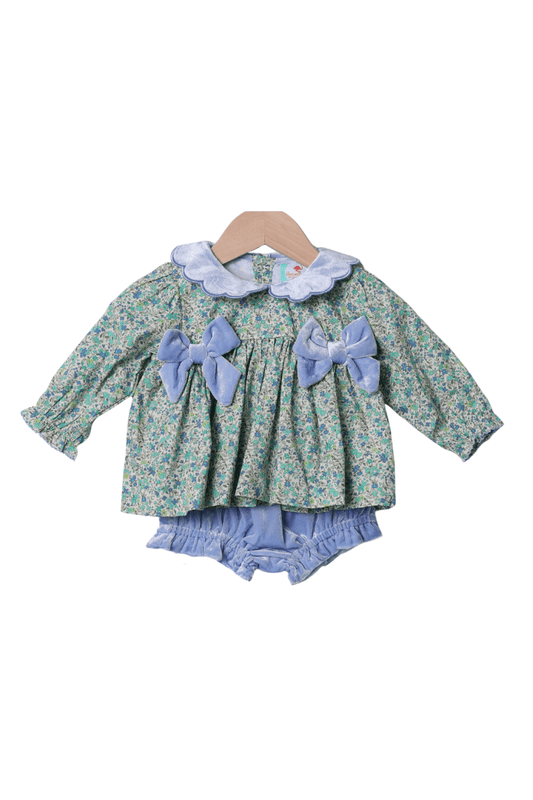 The Smocked Flamingo Apparel & Accessories Blue Floral Velvet Bow Bloomer Set
