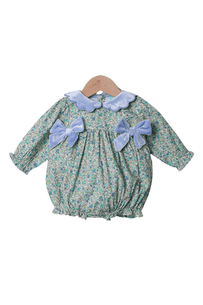 The Smocked Flamingo Apparel & Accessories Blue Floral Velvet Bow Bubble