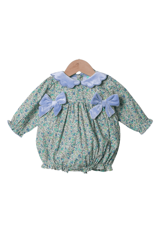 The Smocked Flamingo Apparel & Accessories Blue Floral Velvet Bow Bubble