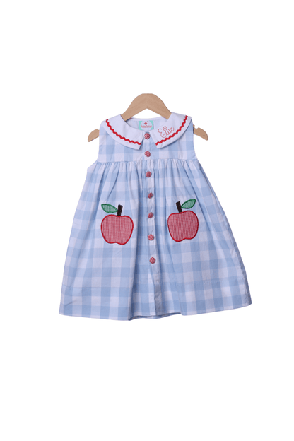 The Smocked Flamingo Apparel & Accessories Blue Gingham Apple Applique Dress