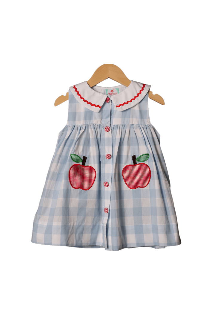 The Smocked Flamingo Apparel & Accessories Blue Gingham Apple Applique Dress