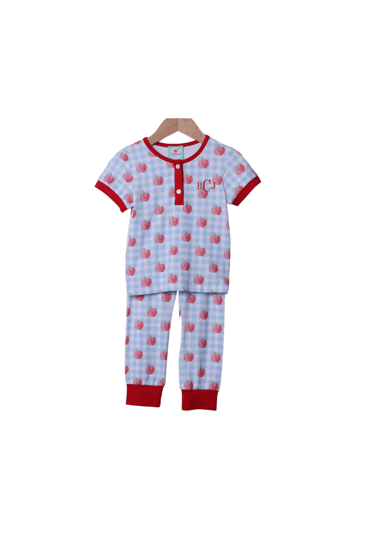 The Smocked Flamingo Apparel & Accessories Blue Gingham Apple Knit Pajamas