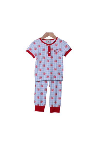 The Smocked Flamingo Apparel & Accessories Blue Gingham Apple Knit Pajamas