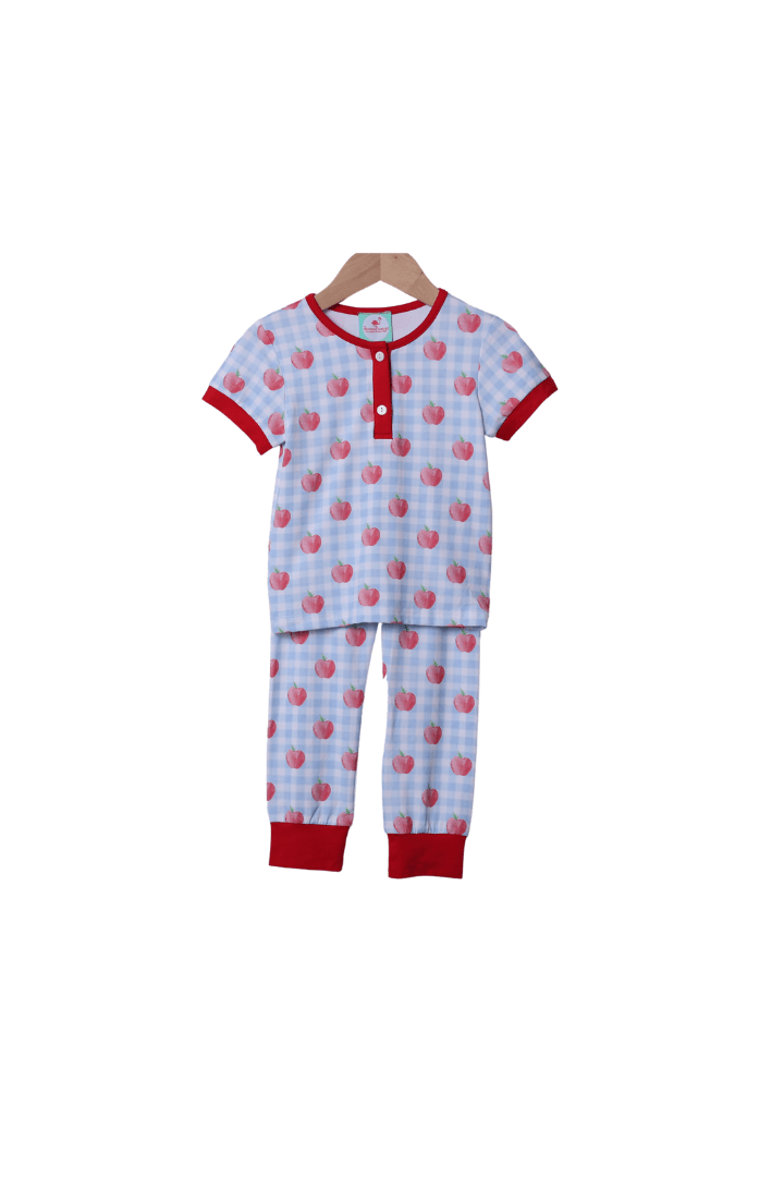 The Smocked Flamingo Apparel & Accessories Blue Gingham Apple Knit Pajamas