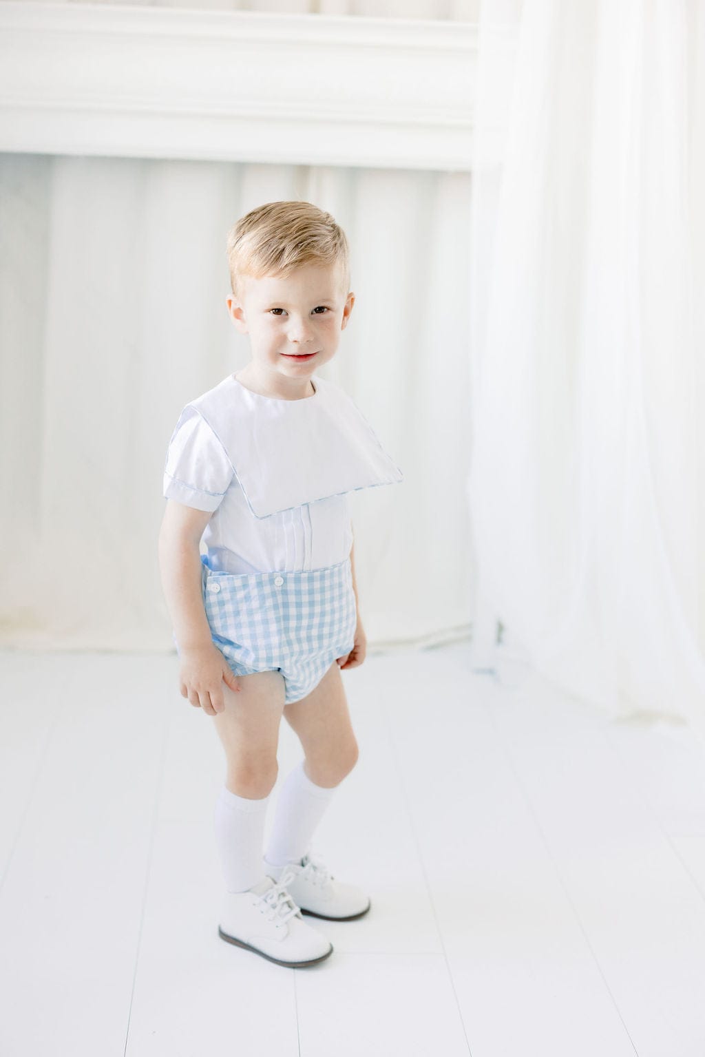 The Smocked Flamingo Apparel & Accessories Blue Gingham Bib Button Diaper Set