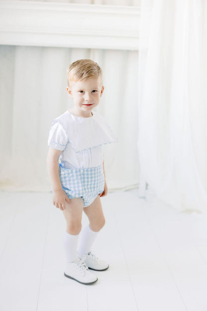 The Smocked Flamingo Apparel & Accessories Blue Gingham Bib Button Diaper Set