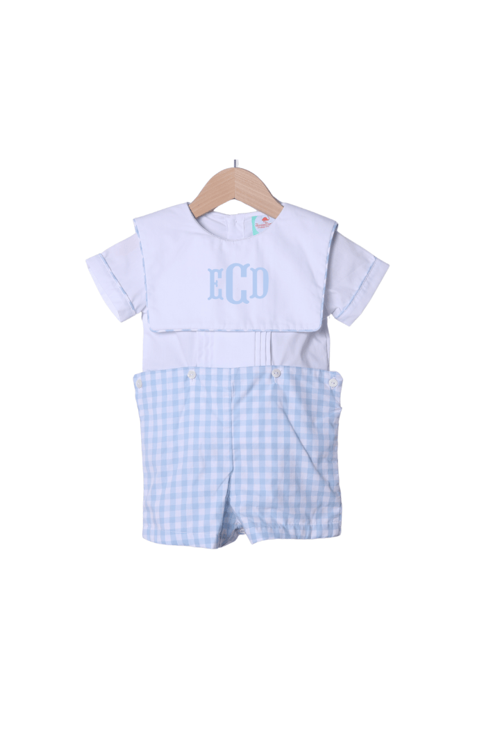 The Smocked Flamingo Apparel & Accessories Blue Gingham Bib Button Short Set