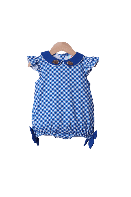 The Smocked Flamingo Apparel & Accessories Blue Gingham Bow French Knot Football Bubble