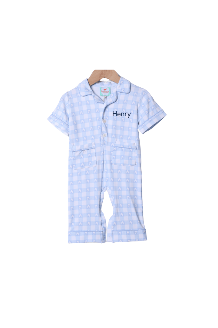 The Smocked Flamingo Apparel & Accessories Blue Gingham Easter Lounge Romper