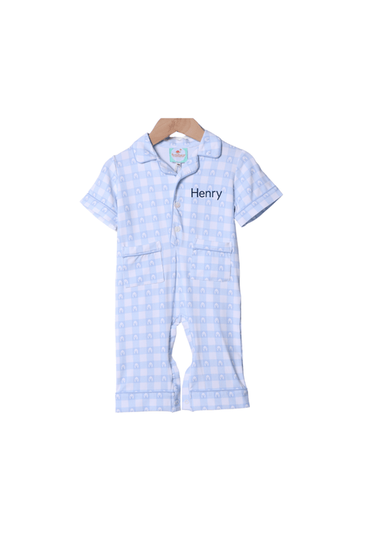 The Smocked Flamingo Apparel & Accessories Blue Gingham Easter Lounge Romper
