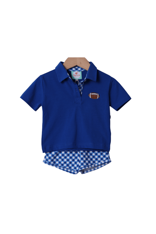The Smocked Flamingo Apparel & Accessories Blue Gingham French Knot Football Short Set