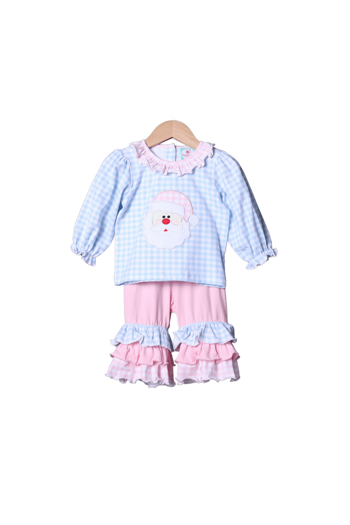 The Smocked Flamingo Apparel & Accessories Blue Gingham Knit Applique Santa Pant Set