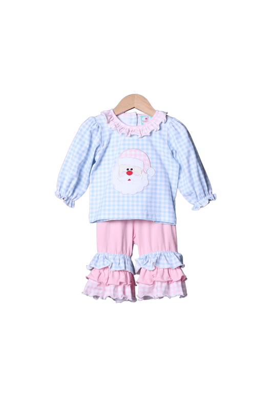 The Smocked Flamingo Apparel & Accessories Blue Gingham Knit Applique Santa Pant Set