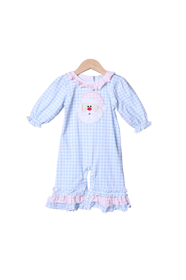 The Smocked Flamingo Apparel & Accessories Blue Gingham Knit Applique Santa Romper