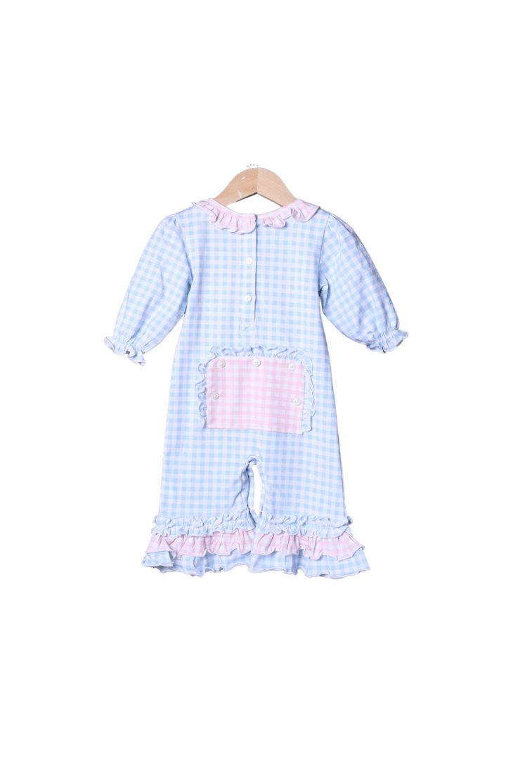 The Smocked Flamingo Apparel & Accessories Blue Gingham Knit Applique Santa Romper