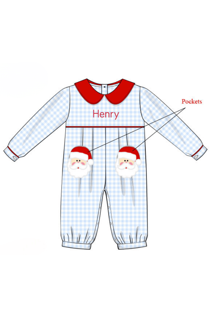 The Smocked Flamingo Apparel & Accessories Blue Gingham Knit Santa Romper