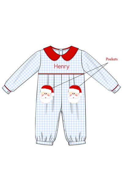 The Smocked Flamingo Apparel & Accessories Blue Gingham Knit Santa Romper