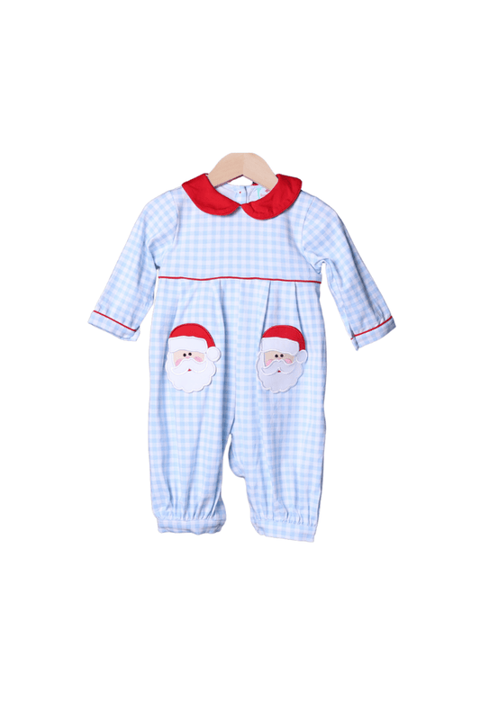 The Smocked Flamingo Apparel & Accessories Blue Gingham Knit Santa Romper