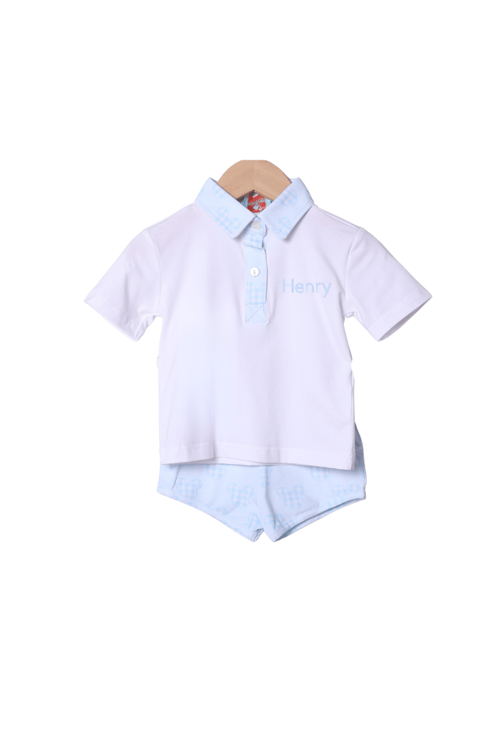 The Smocked Flamingo Apparel & Accessories Blue Gingham Mouse Polo Short Set