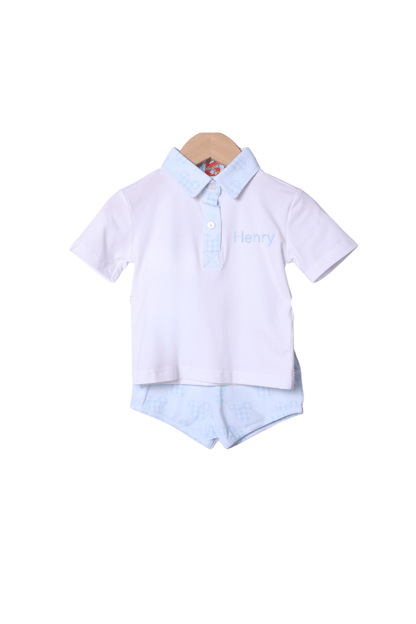 The Smocked Flamingo Apparel & Accessories Blue Gingham Mouse Polo Short Set
