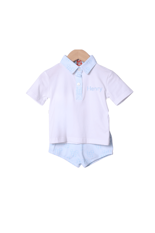 The Smocked Flamingo Apparel & Accessories Blue Gingham Mouse Polo Short Set