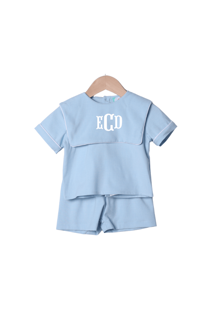 The Smocked Flamingo Apparel & Accessories Blue Linen Bib Short Set
