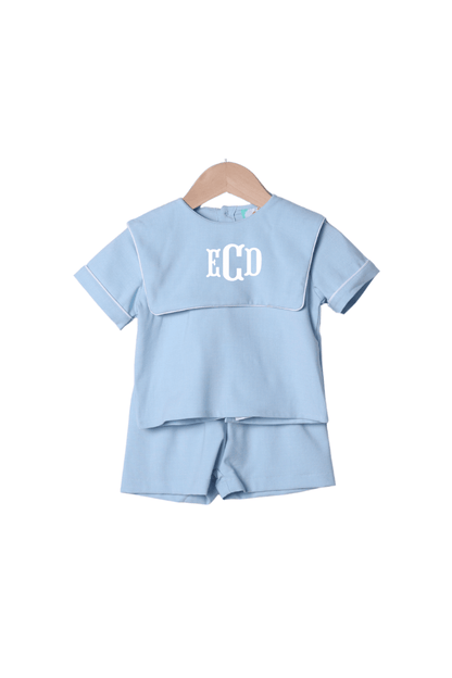 The Smocked Flamingo Apparel & Accessories Blue Linen Bib Short Set