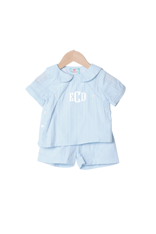 The Smocked Flamingo Apparel & Accessories Blue Linen Button Short Set