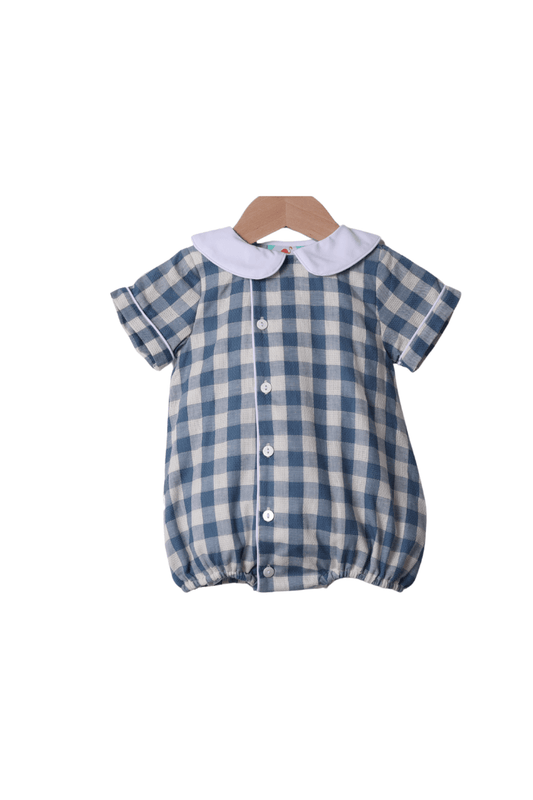 The Smocked Flamingo Apparel & Accessories Blue Linen Gingham Button Bubble