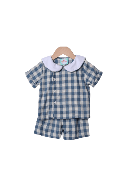 The Smocked Flamingo Apparel & Accessories Blue Linen Gingham Button Short Set