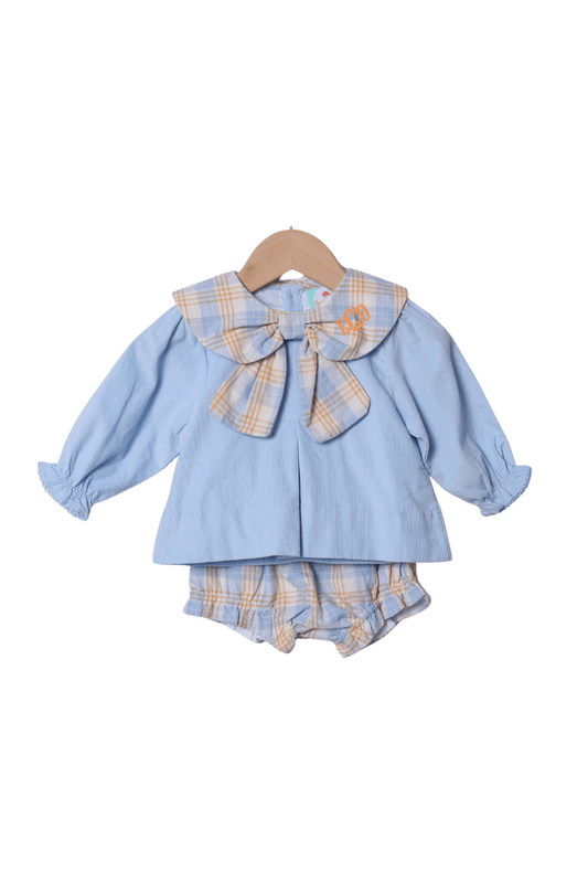 The Smocked Flamingo Apparel & Accessories Blue Plaid Corduroy Bloomer Set