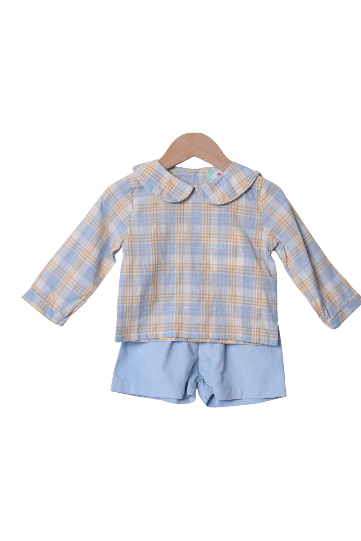 The Smocked Flamingo Apparel & Accessories Blue Plaid Corduroy Short Set