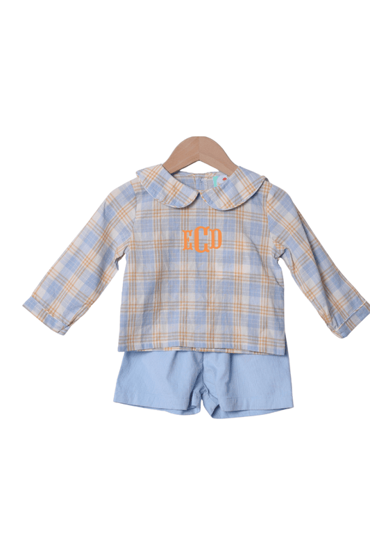 The Smocked Flamingo Apparel & Accessories Blue Plaid Corduroy Short Set